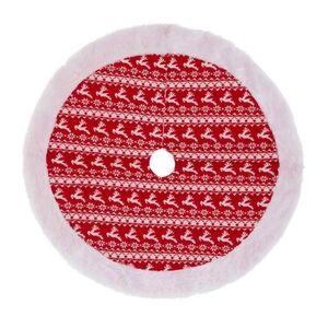 NEW Holiday Style Red Reindeer Knit Christmas Tree Skirt White Faux Fur Trim 40"